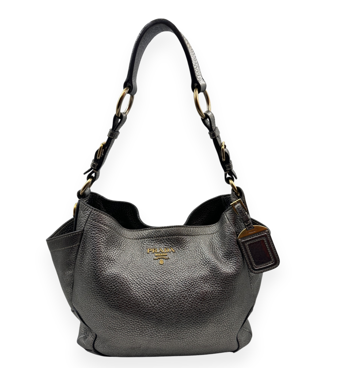 Vitello Daino Side Pocket Hobo Silver Handbag