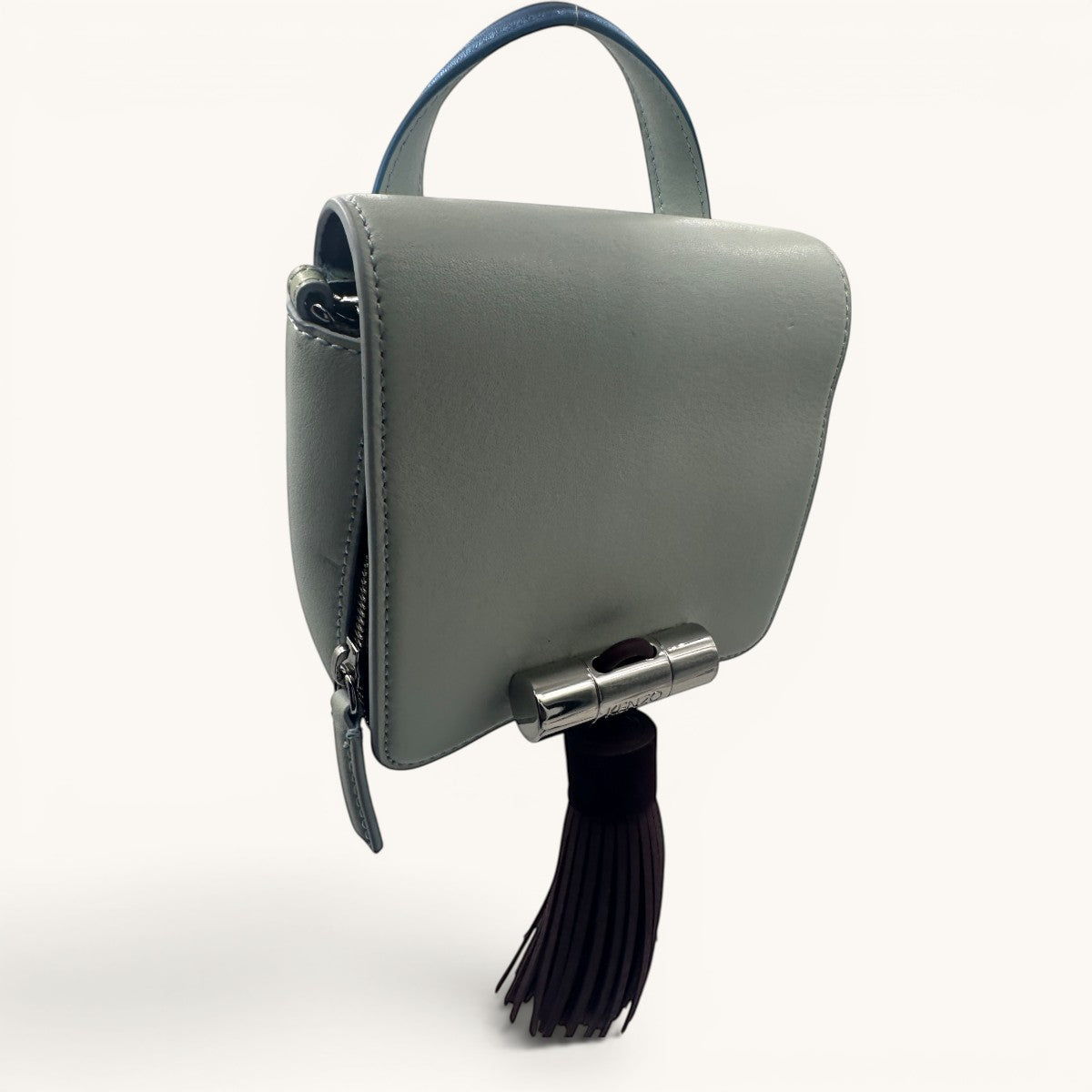 Kenzo · Kenzo Paris · mini bag · top handle bag · crossbody bag · tassel bag · colour block · grey leather bag · chain strap · designer handbag · second hand luxury · prabangios rankinės · naudota rankinė · Kenzo originali