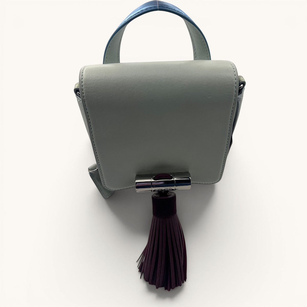 Kenzo · Kenzo Paris · mini bag · top handle bag · crossbody bag · tassel bag · colour block · grey leather bag · chain strap · designer handbag · second hand luxury · prabangios rankinės · naudota rankinė · Kenzo originali