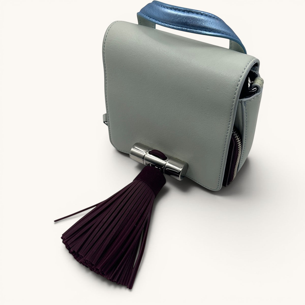 Kenzo · Kenzo Paris · mini bag · top handle bag · crossbody bag · tassel bag · colour block · grey leather bag · chain strap · designer handbag · second hand luxury · prabangios rankinės · naudota rankinė · Kenzo originali