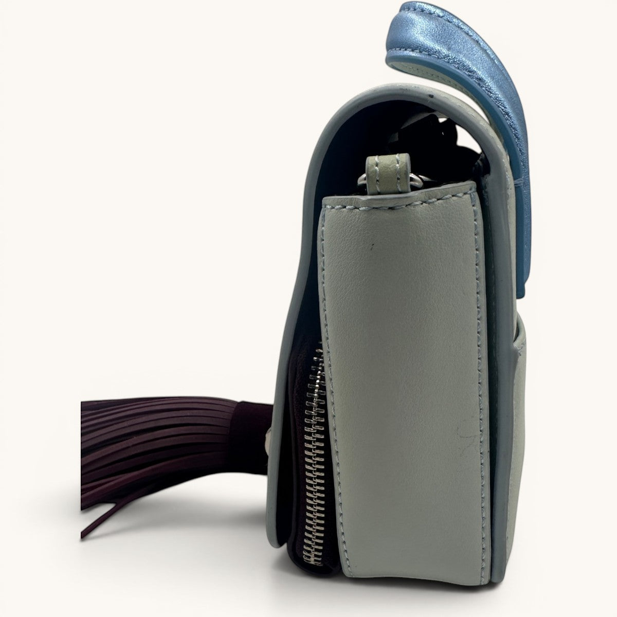 Kenzo · Kenzo Paris · mini bag · top handle bag · crossbody bag · tassel bag · colour block · grey leather bag · chain strap · designer handbag · second hand luxury · prabangios rankinės · naudota rankinė · Kenzo originali