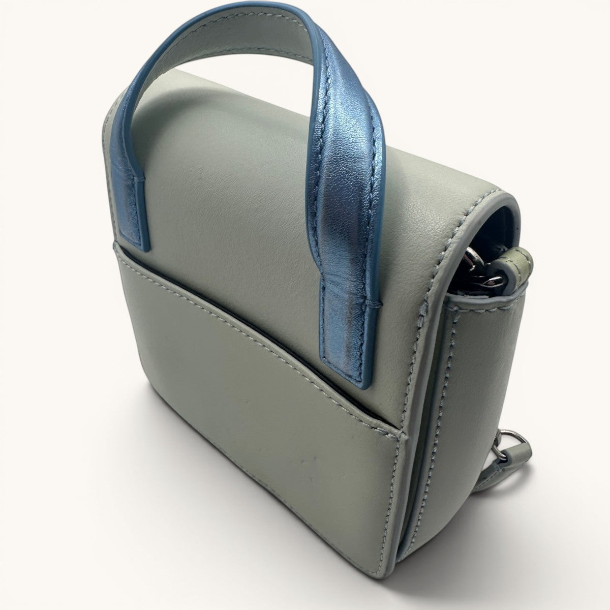 Kenzo · Kenzo Paris · mini bag · top handle bag · crossbody bag · tassel bag · colour block · grey leather bag · chain strap · designer handbag · second hand luxury · prabangios rankinės · naudota rankinė · Kenzo originali