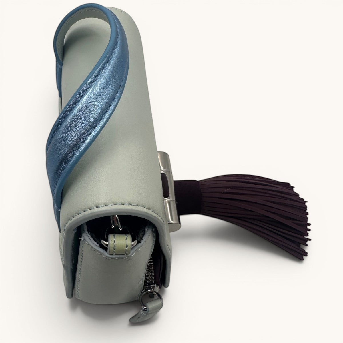 Kenzo · Kenzo Paris · mini bag · top handle bag · crossbody bag · tassel bag · colour block · grey leather bag · chain strap · designer handbag · second hand luxury · prabangios rankinės · naudota rankinė · Kenzo originali