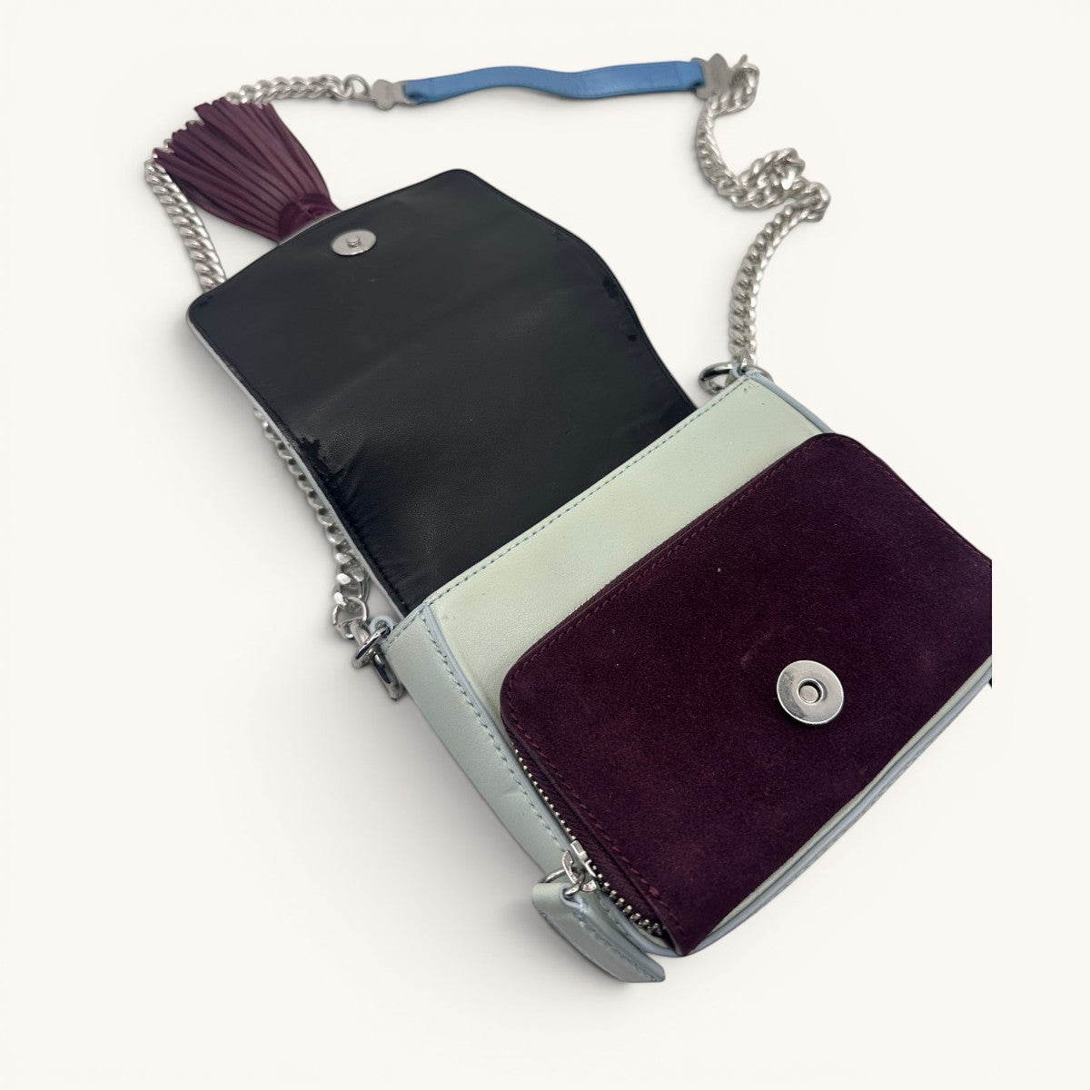 Kenzo · Kenzo Paris · mini bag · top handle bag · crossbody bag · tassel bag · colour block · grey leather bag · chain strap · designer handbag · second hand luxury · prabangios rankinės · naudota rankinė · Kenzo originali