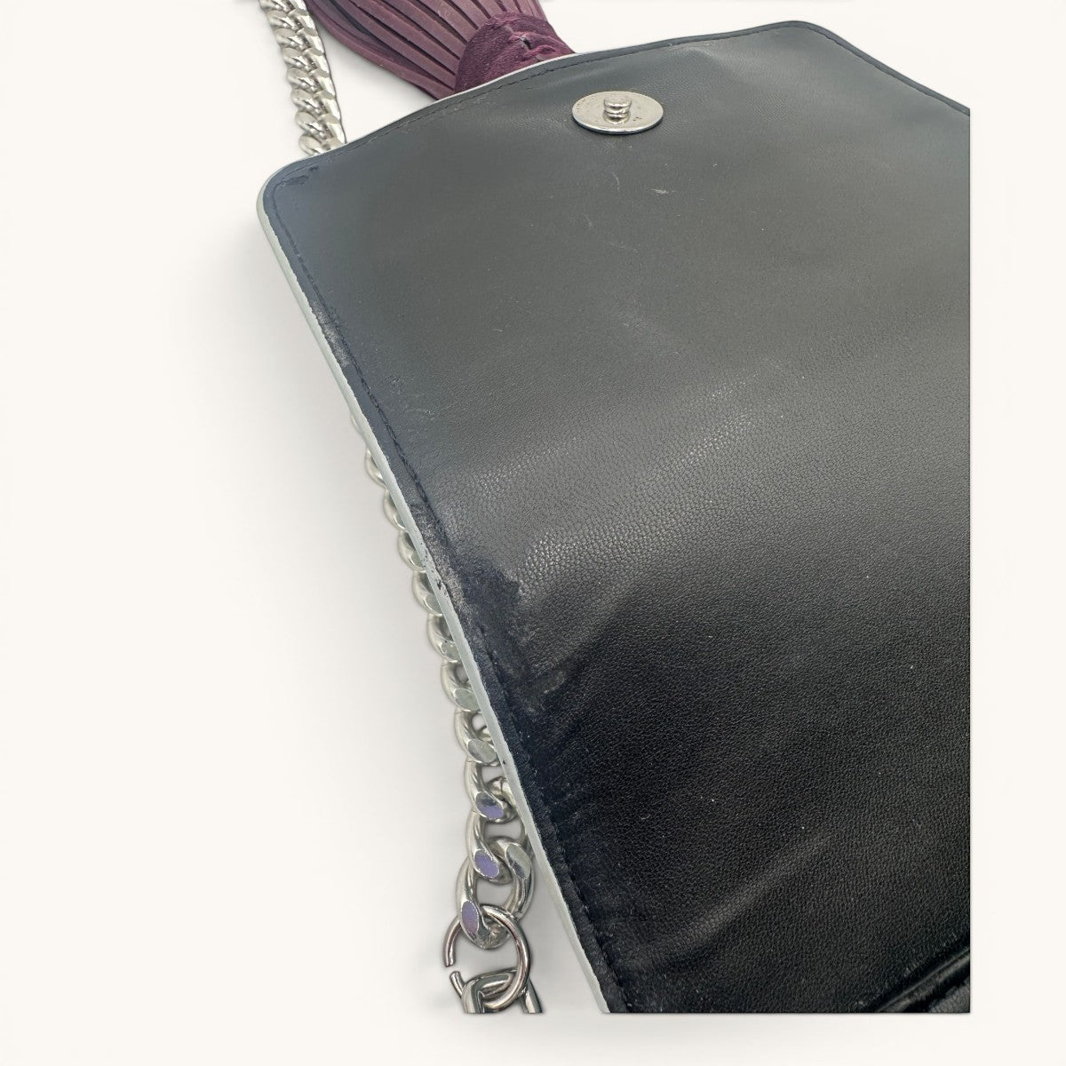 Kenzo · Kenzo Paris · mini bag · top handle bag · crossbody bag · tassel bag · colour block · grey leather bag · chain strap · designer handbag · second hand luxury · prabangios rankinės · naudota rankinė · Kenzo originali