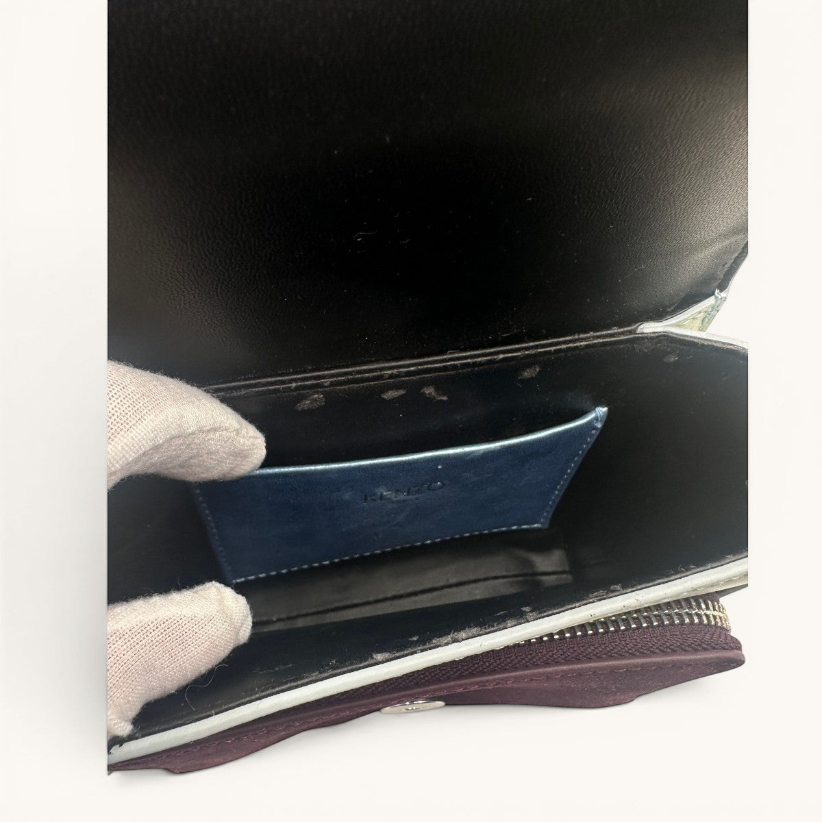 Kenzo · Kenzo Paris · mini bag · top handle bag · crossbody bag · tassel bag · colour block · grey leather bag · chain strap · designer handbag · second hand luxury · prabangios rankinės · naudota rankinė · Kenzo originali