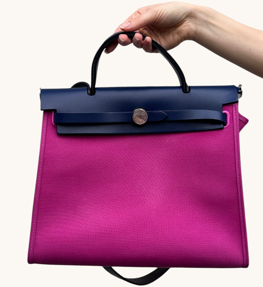 Hermès Herbag Zip 31 Fuchsia Toile Canvas & Navy Leather Handbag