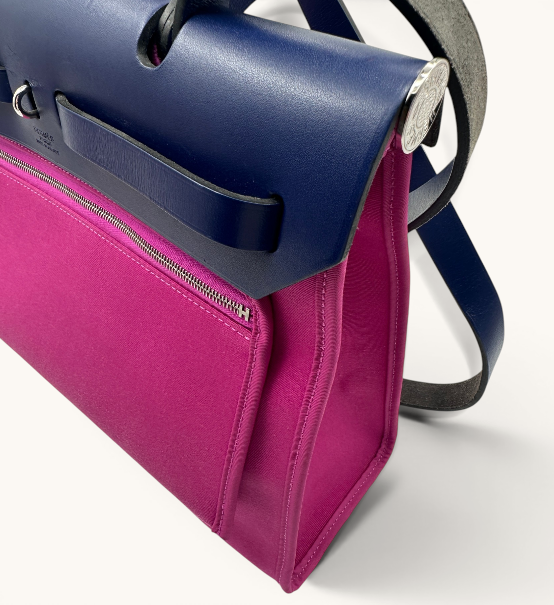 Hermès Herbag Zip 31 Fuchsia Toile Canvas & Navy Leather Handbag