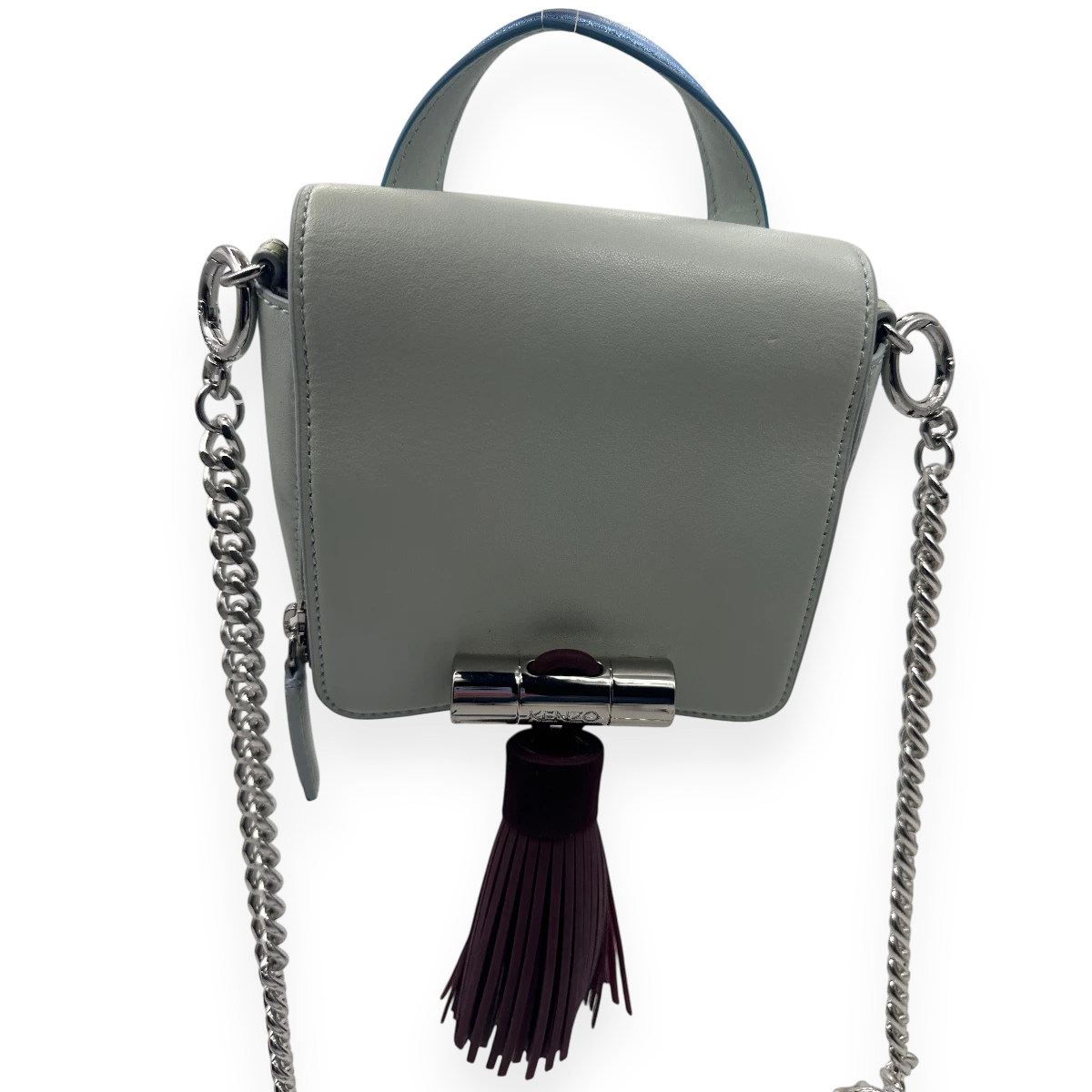 Kenzo · Kenzo Paris · mini bag · top handle bag · crossbody bag · tassel bag · colour block · grey leather bag · chain strap · designer handbag · second hand luxury · prabangios rankinės · naudota rankinė · Kenzo originali